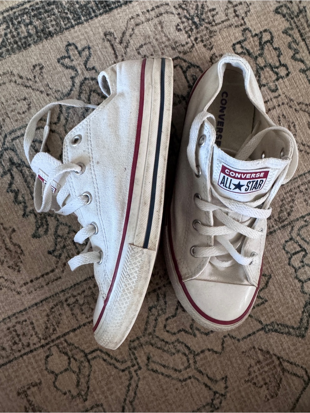 Converse Kids Low-Top Canvas Sneakers in Off-White with Red and Black Trim